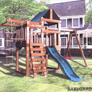 Детская игровая площадка Babygarden play 5 DG с веревочной лестницей, закрытым балконом, кольцами и темно зеленой горкой