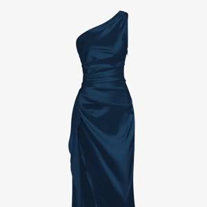 Women's Satin One Shoulder Backless Ruched Thigh Split Maxi Party Dress - Deep Blue S