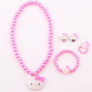 Детский розовый набор бижутерии Hello Kitty: бусы, браслет, кольцо и клипсы