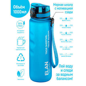 Бутылка для воды 1000 мл 7,8*7,8*28,5 см "Style Matte" с углубл д/п аквамар-морская волна мотивацион
