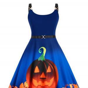 Pumpkin Print Halloween Straps Plus Size Dress