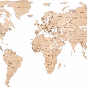 EWA Деревянная Карта Мира настенная, объемная 3 уровня, размер L (192x105 см), цвет натуральный