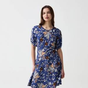 Short dress in linen and viscose with floral print