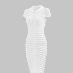 Women's Sexy Knitted See Thru Mock Neck Cap Sleeve Solid Color Midi Bodycon Dress - White S