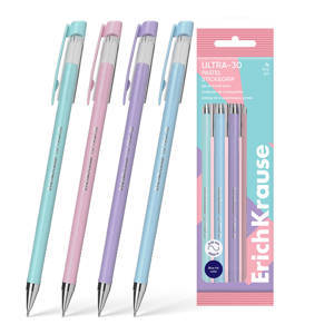 Набор из 4 ручек шариковых ErichKrause ULTRA-30 Stick&Grip Pastel 0.7, Super Glide Technology, цвет чернил синий (в пакете)