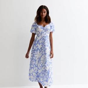 Blue Tropical Leaf Print Milkmaid Midi Dress