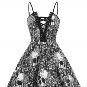 Halloween Skull Print Lace Up Lace Trim Plus Size Dress