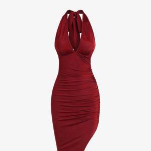 ZAFUL Women's Halter Tied Backless Ruched Slinky Asymmetric Midi Party Vegas Dress - Deep Red S