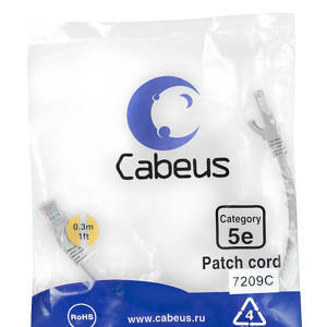 Cabeus PC-UTP-RJ45-Cat.5e-0.3m Патч-корд U/UTP, категория 5е, 2xRJ45/8p8c, неэкранированный, серый, PVC, 0.3м