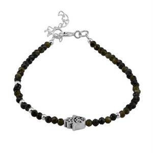 2MM Natural Golden Obsidian Stone 925 Sterling Silver Hamsa Hand Casual 6.5 to 7.5" Adj. Bracelet