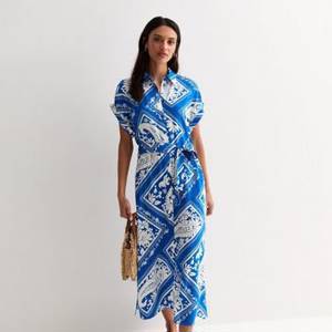 Blue Tile Print Short Sleeve Midi Shirt Dress