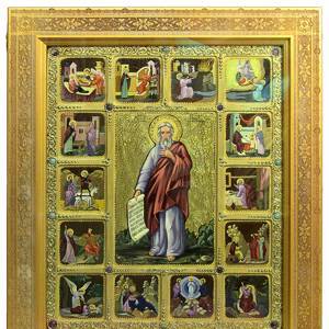 Большая живописная икона «Пророк Илия Фесфитянин» с житийными клеймами в берёзовом киоте