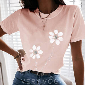 Figure Floral Print Round Neck Short Sleeves T-shirts 
        #367575