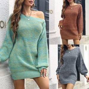 women One line neck fashion sweater dress 露肩灯笼裙毛衣裙