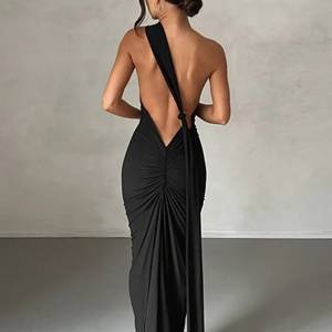 Women's Sexy Elegant Backless Ruched Metal O-ring Decor One Shoulder Prom Evening Gown Train Maxi Vegas Dress - Black S
