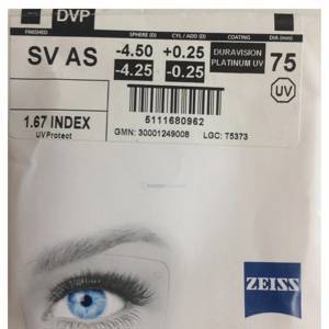 Zeiss Single Vision AS 1.67 DVP UV - Dura Vision Platinum UV