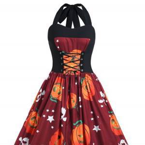 Plus Size Halloween Pumpkin Print Vintage Dress