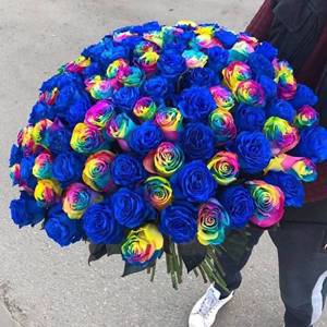 Букет 101 роза микс синих и радужных роз (60 см)