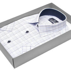 Белая приталенная мужская рубашка Poggino 7001-22 в клетку с коротким рукавом