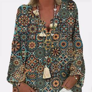блузки и рубашки, Повседневная блузка с длинными рукавами и V-образным вырезом с геометрическим принтом For Женское