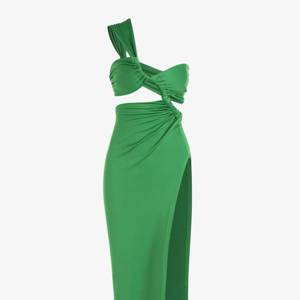 Sexy Cutout High Slit Backless Ruched One Shoulder Club Midi Vegas Dress - Green M