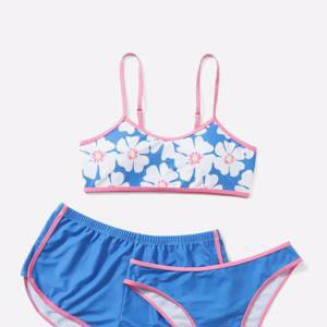3 Packe Bikini mit Blume Muster, Kontrastsaum, & Shorts