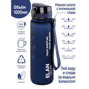 Бутылка для воды 1000 мл 7,8*7,8*28,5 см "Style Matte" с углубл д/пальцев, темно-синяя, мотивацион.