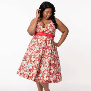 Unique Vintage Plus Size Red & Multicolor Print Tarrytown Hostess Dress