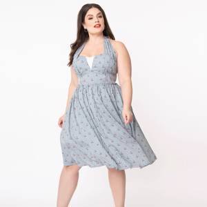 Unique Vintage Plus Size Light Blue Gingham & Cherry Print Shelia Swing Dress