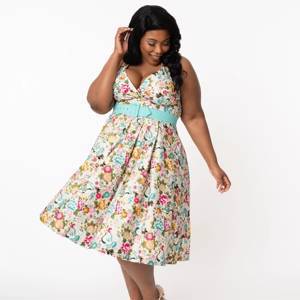 Unique Vintage Plus Size Ivory & Multicolor Print Tarrytown Hostess Dress