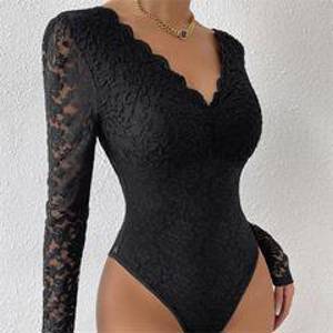 性感纯色蕾丝长袖连体衣 Sexy Solid Lace Long Sleeve Bodysuit